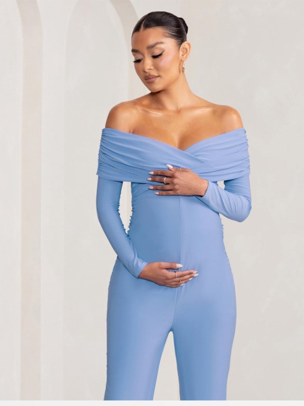 Club L London Powder Blue Maternity Bardot Jumpsuit size 6